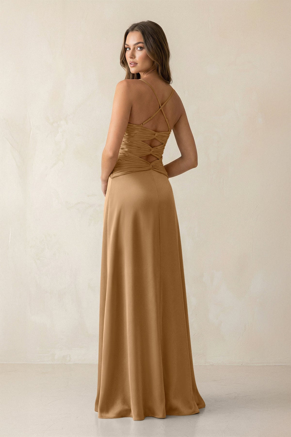 Cami Strap Pleated Sheath Satin Bridesmaid Dress in Bronzer