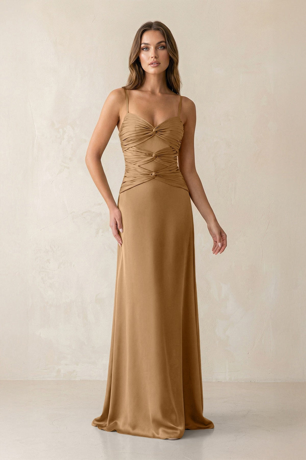 Cami Strap Pleated Sheath Satin Bridesmaid Dress in Bronzer