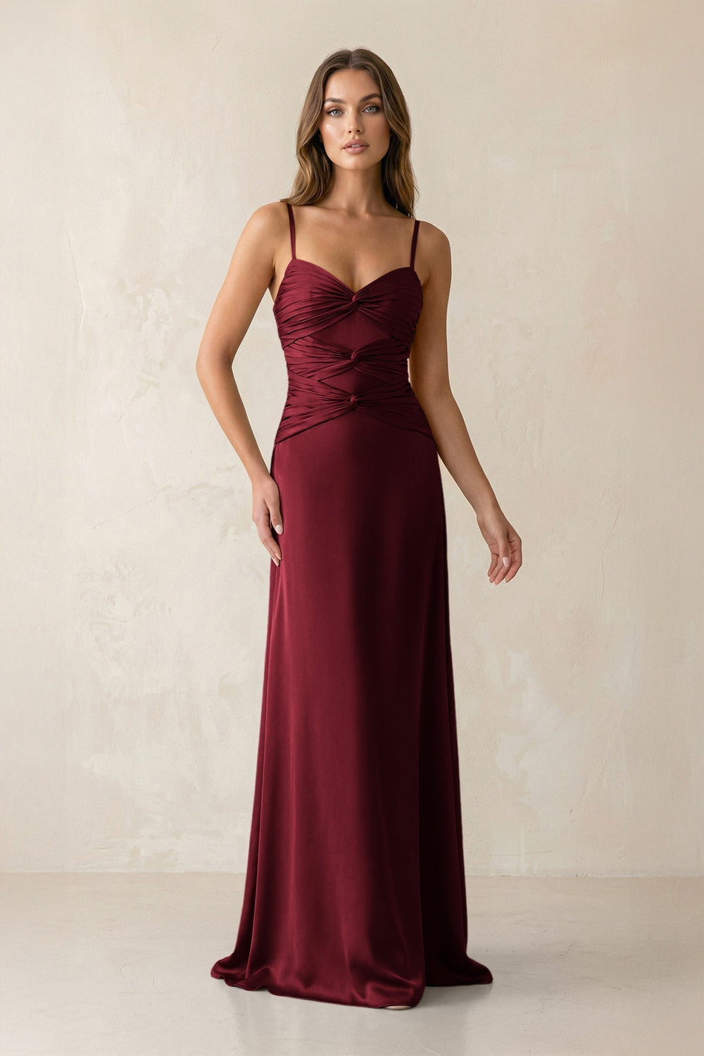 Cami Strap Pleated Sheath Satin Bridesmaid Dress in Burgundy