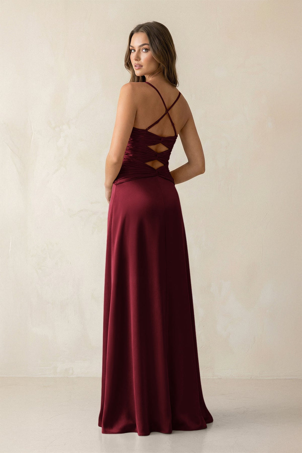 Cami Strap Pleated Sheath Satin Bridesmaid Dress in Burgundy