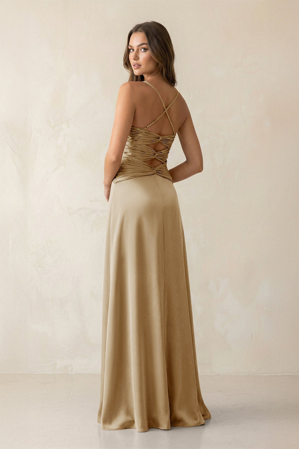 Cami Strap Pleated Sheath Satin Bridesmaid Dress in Champagne