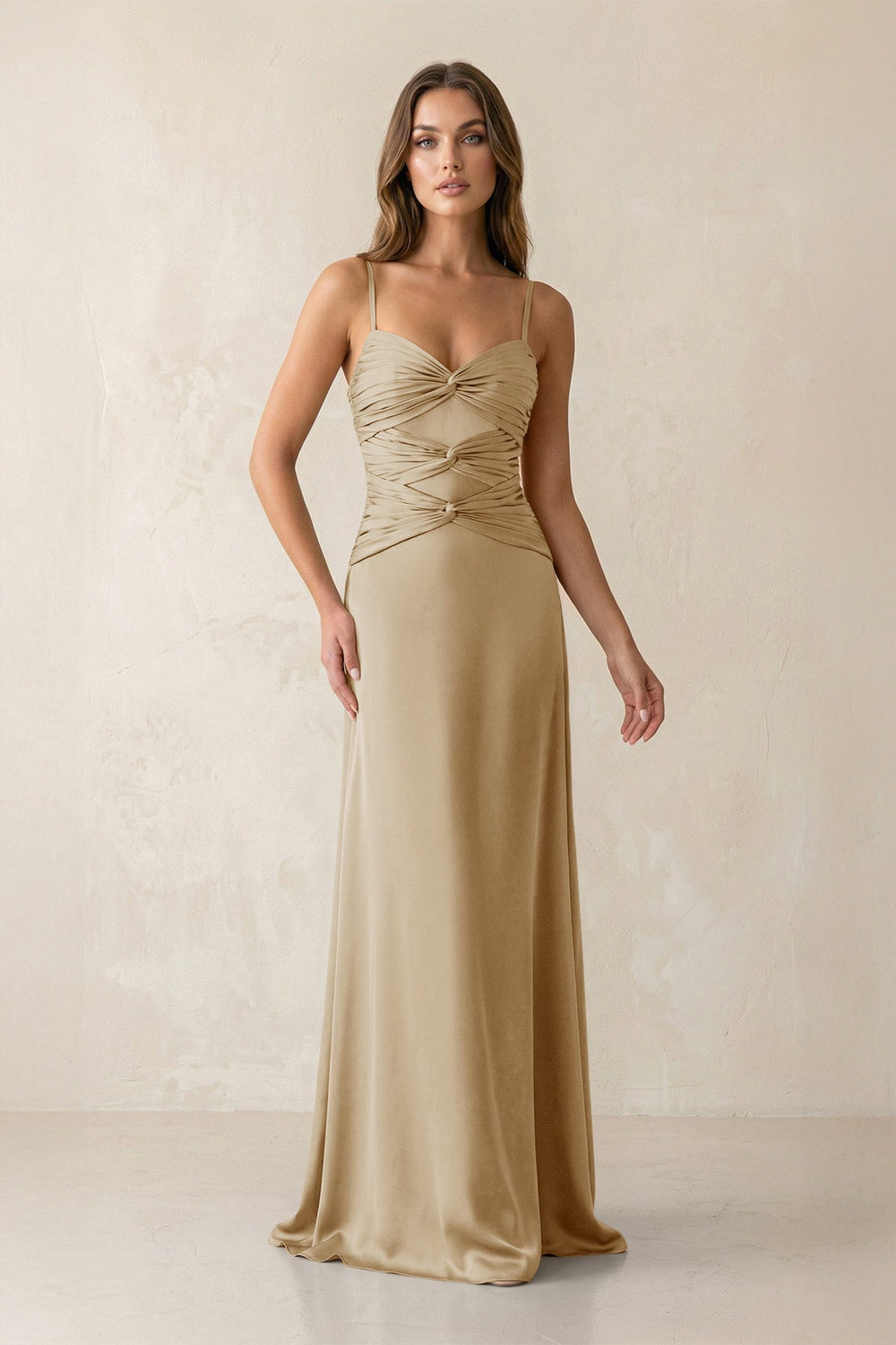 Cami Strap Pleated Sheath Satin Bridesmaid Dress in Champagne