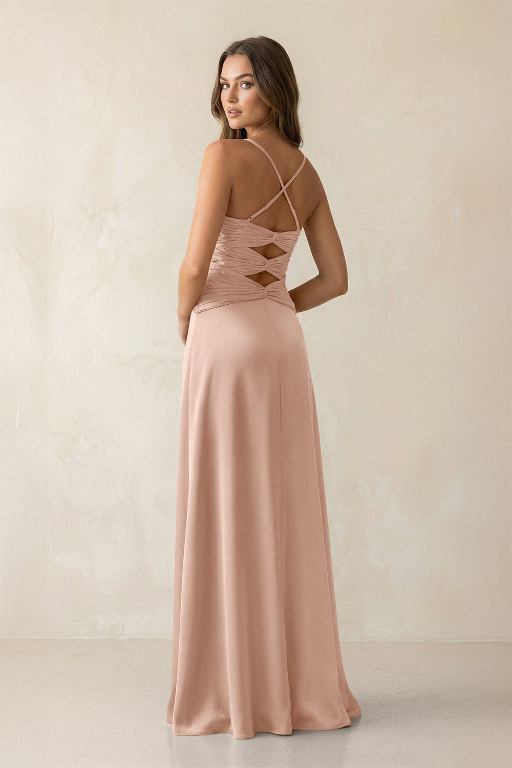 Cami Strap Pleated Sheath Satin Bridesmaid Dress in Champagne Rose