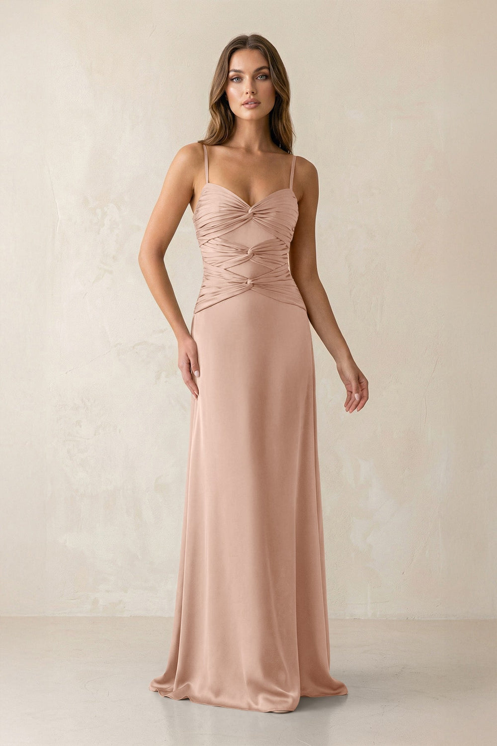 Cami Strap Pleated Sheath Satin Bridesmaid Dress in Champagne Rose