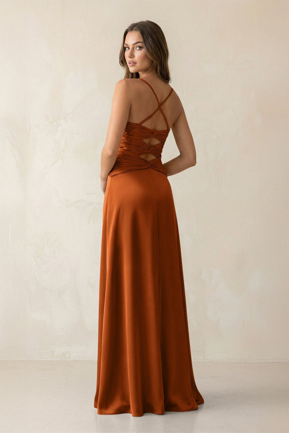 Cami Strap Pleated Sheath Satin Bridesmaid Dress in Cinnamon