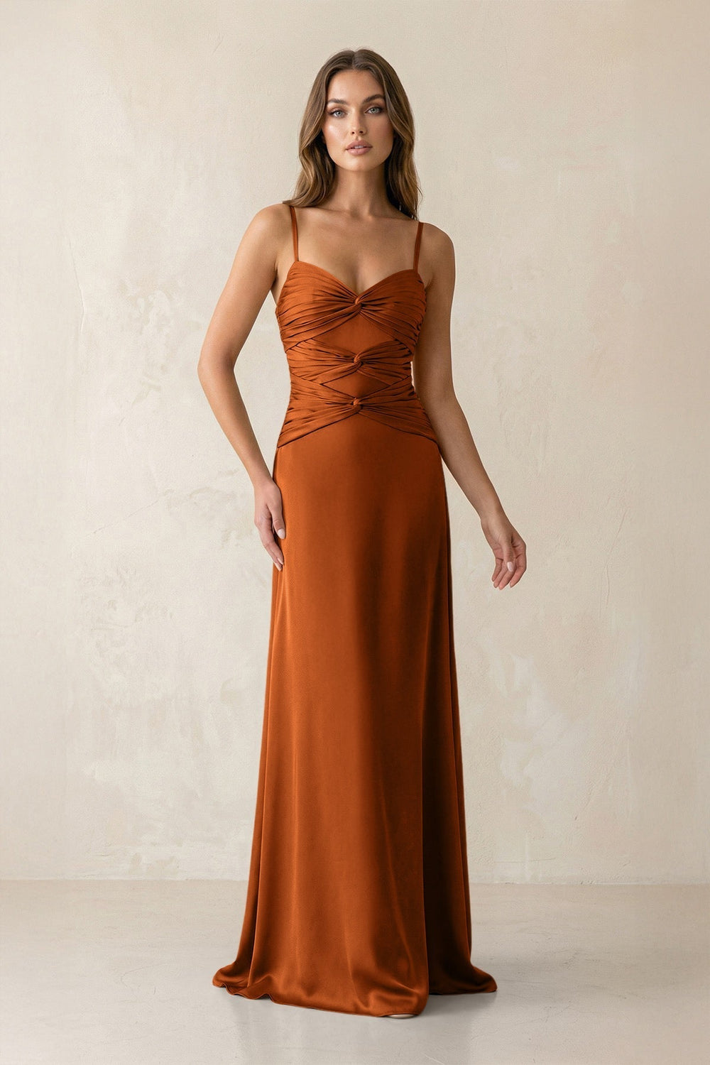 Cami Strap Pleated Sheath Satin Bridesmaid Dress in Cinnamon