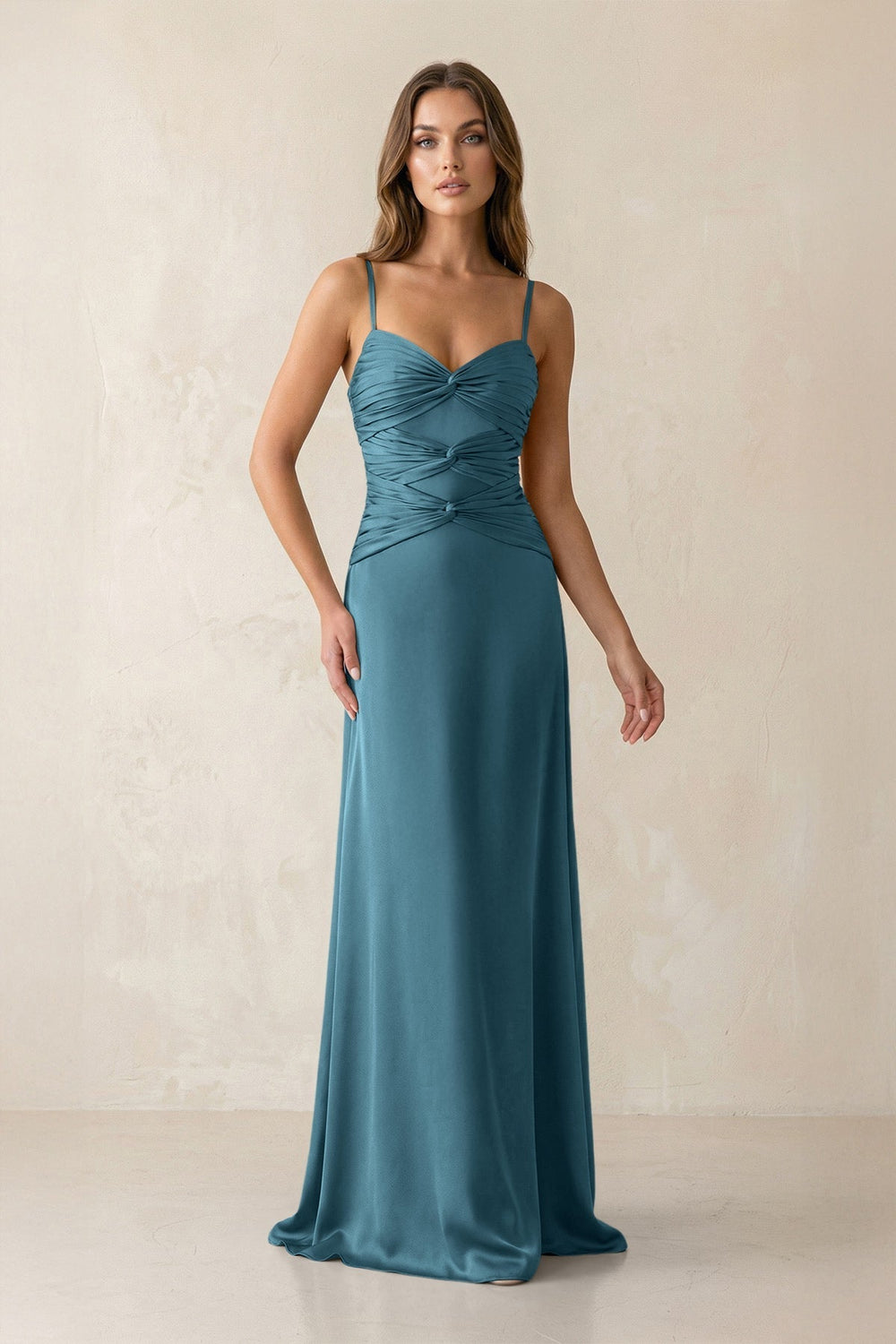 Cami Strap Pleated Sheath Satin Bridesmaid Dress in Dark Teal