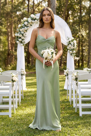 Cami Strap Pleated Sheath Satin Bridesmaid Dress in Dove Gray - KISS BRIDAL Bridesmaid Dresses