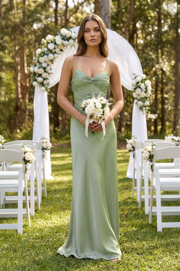 Cami Strap Pleated Sheath Satin Bridesmaid Dress in Dove Gray - KISS BRIDAL Bridesmaid Dresses