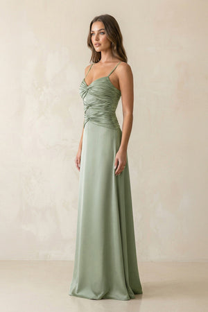Cami Strap Pleated Sheath Satin Bridesmaid Dress in Dove Gray - KISS BRIDAL Bridesmaid Dresses