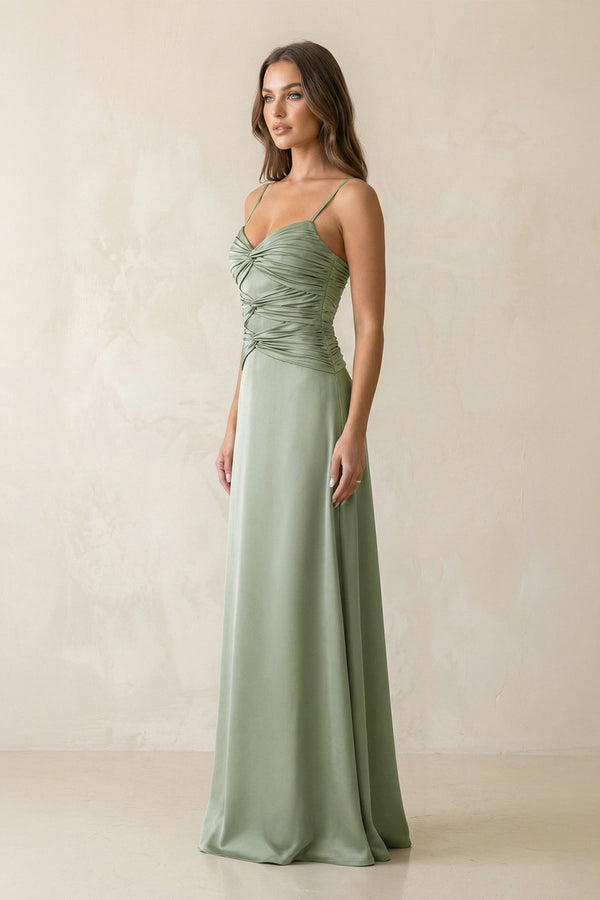 Cami Strap Pleated Sheath Satin Bridesmaid Dress in Dove Gray - KISS BRIDAL Bridesmaid Dresses