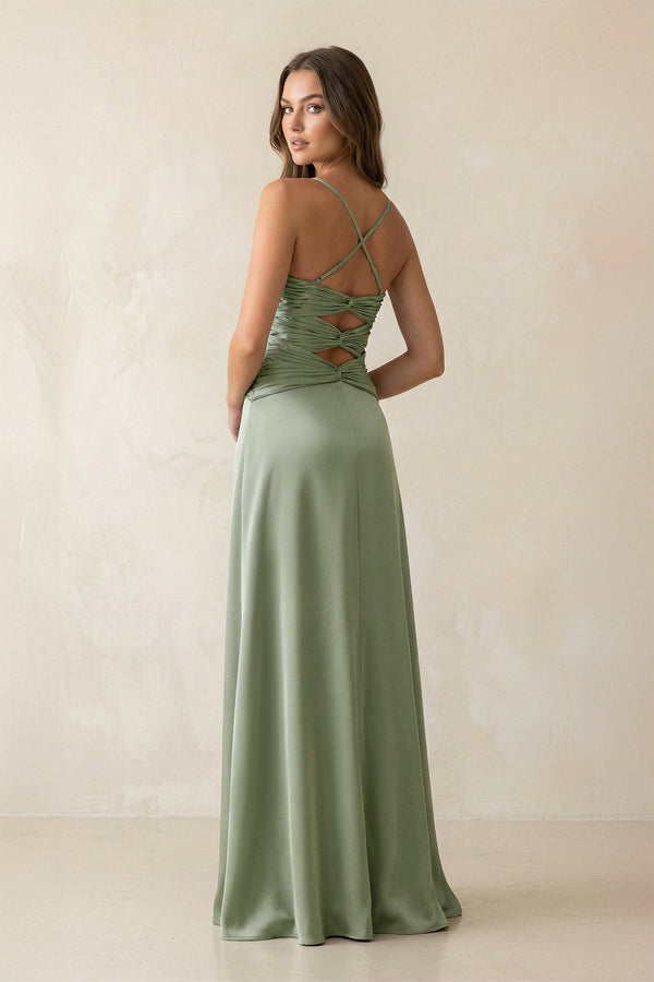 Cami Strap Pleated Sheath Satin Bridesmaid Dress in Dove Gray - KISS BRIDAL Bridesmaid Dresses