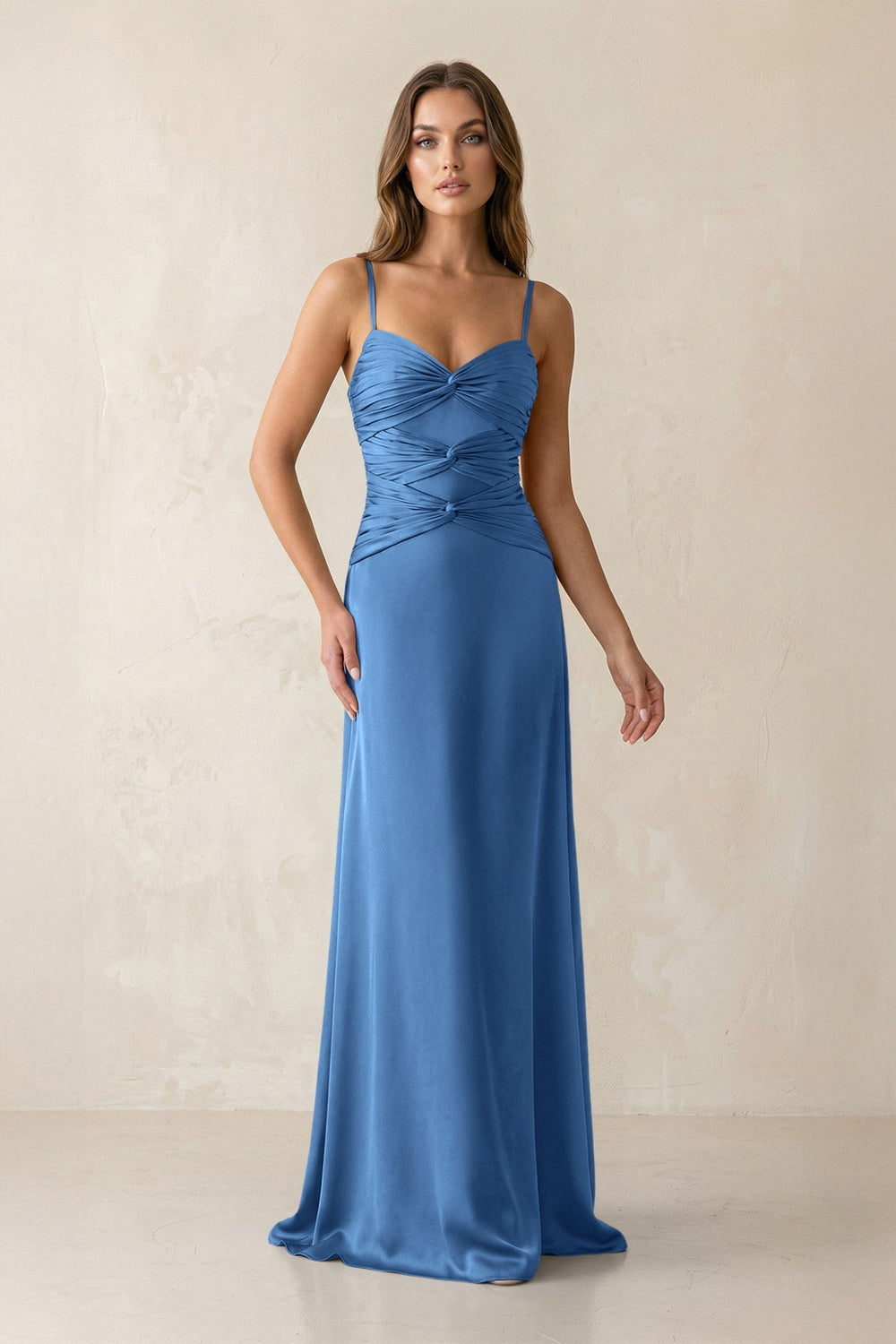Cami Strap Pleated Sheath Satin Bridesmaid Dress in Dusty Blue