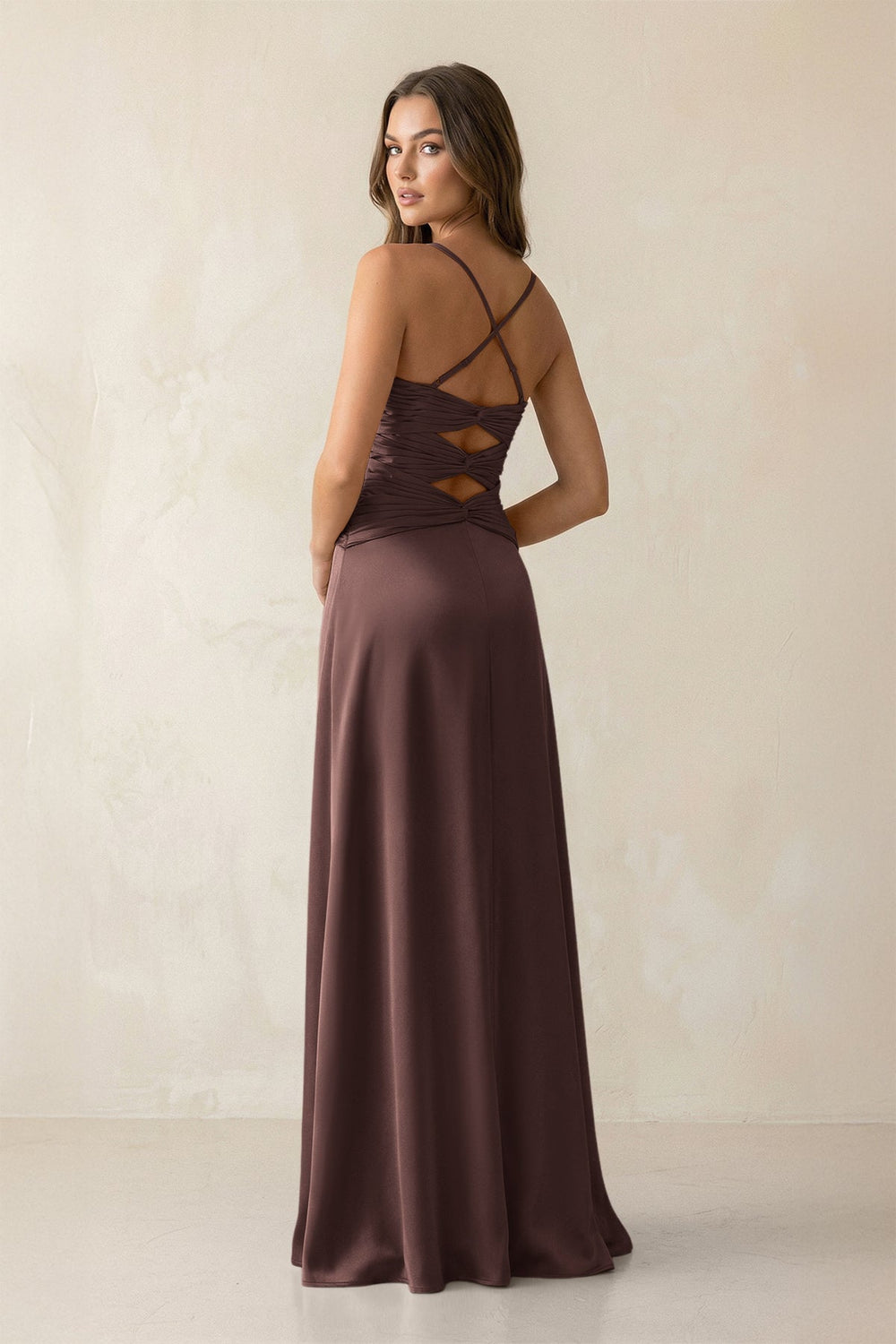 Cami Strap Pleated Sheath Satin Bridesmaid Dress in Espresso