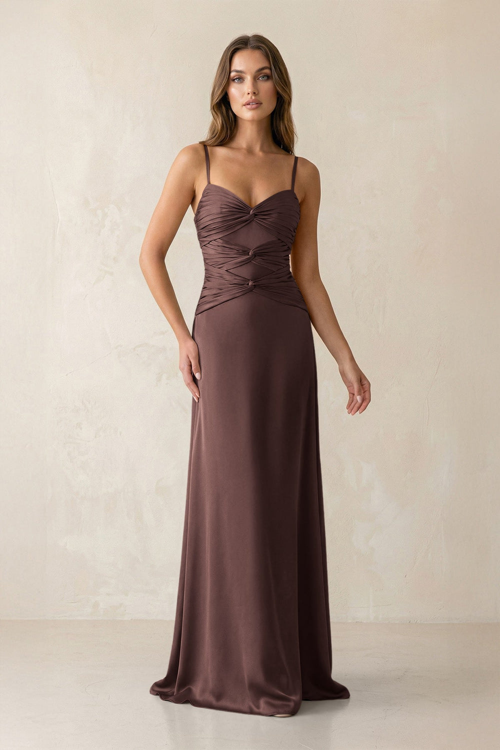Cami Strap Pleated Sheath Satin Bridesmaid Dress in Espresso
