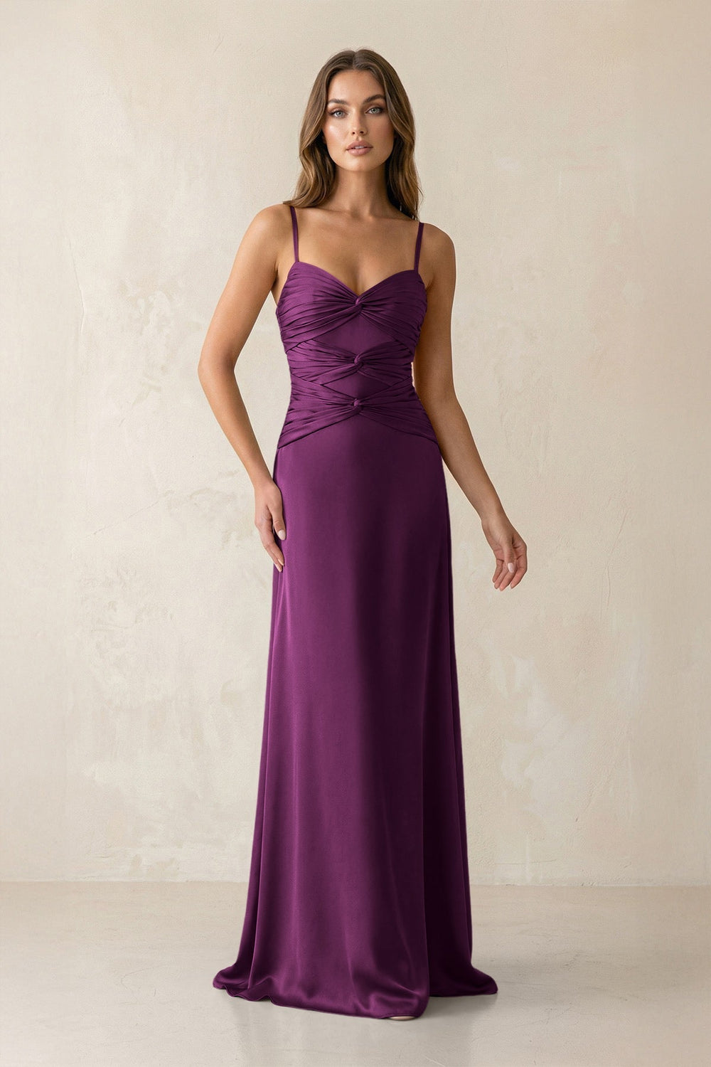 Cami Strap Pleated Sheath Satin Bridesmaid Dress in Fig