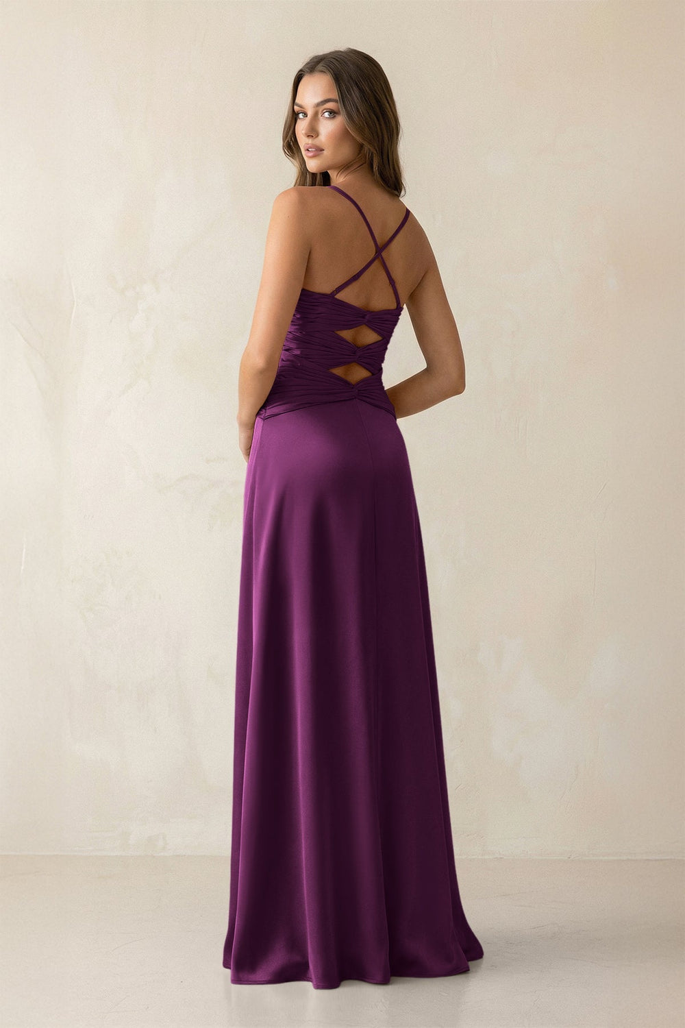 Cami Strap Pleated Sheath Satin Bridesmaid Dress in Fig