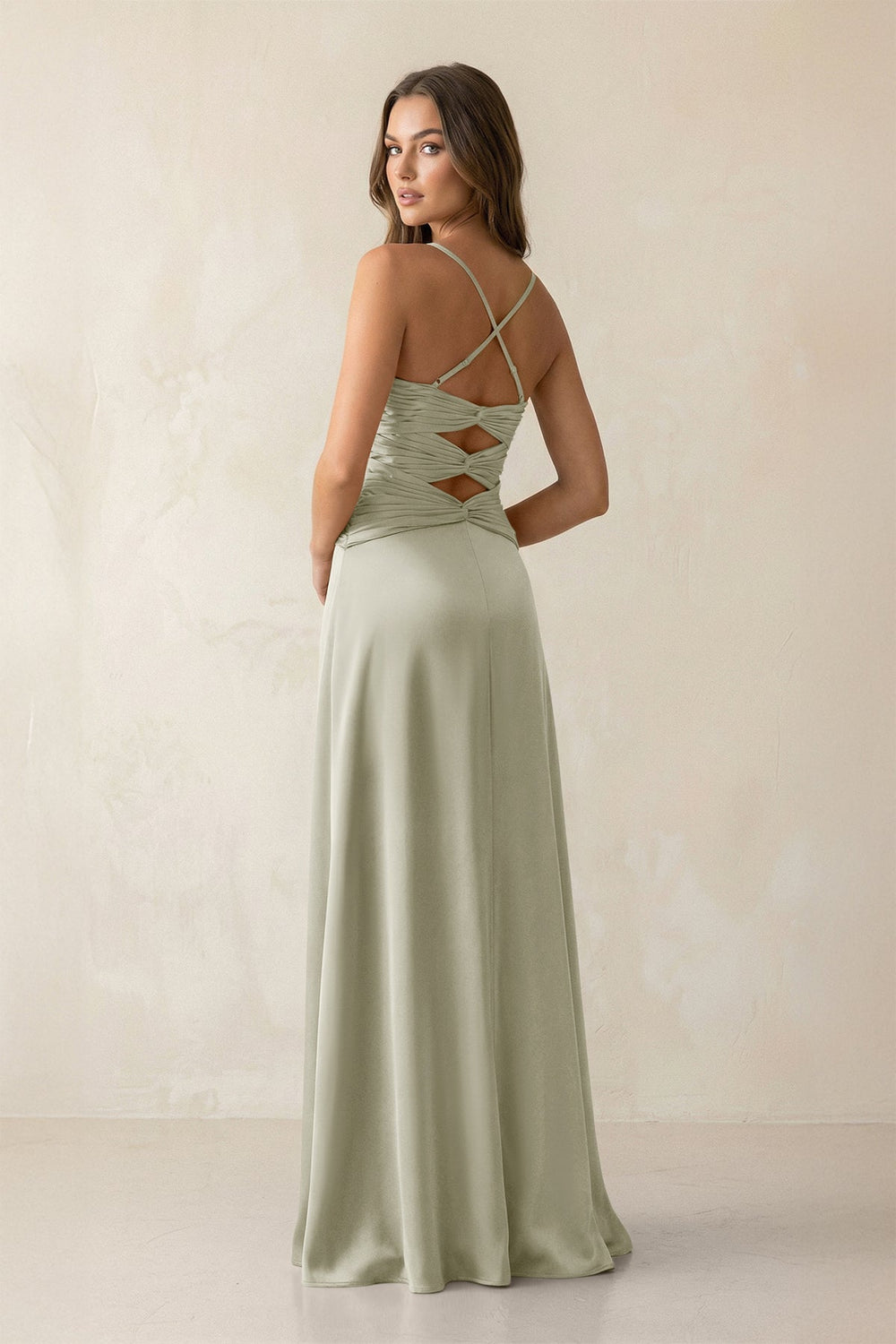 Cami Strap Pleated Sheath Satin Bridesmaid Dress in Frost