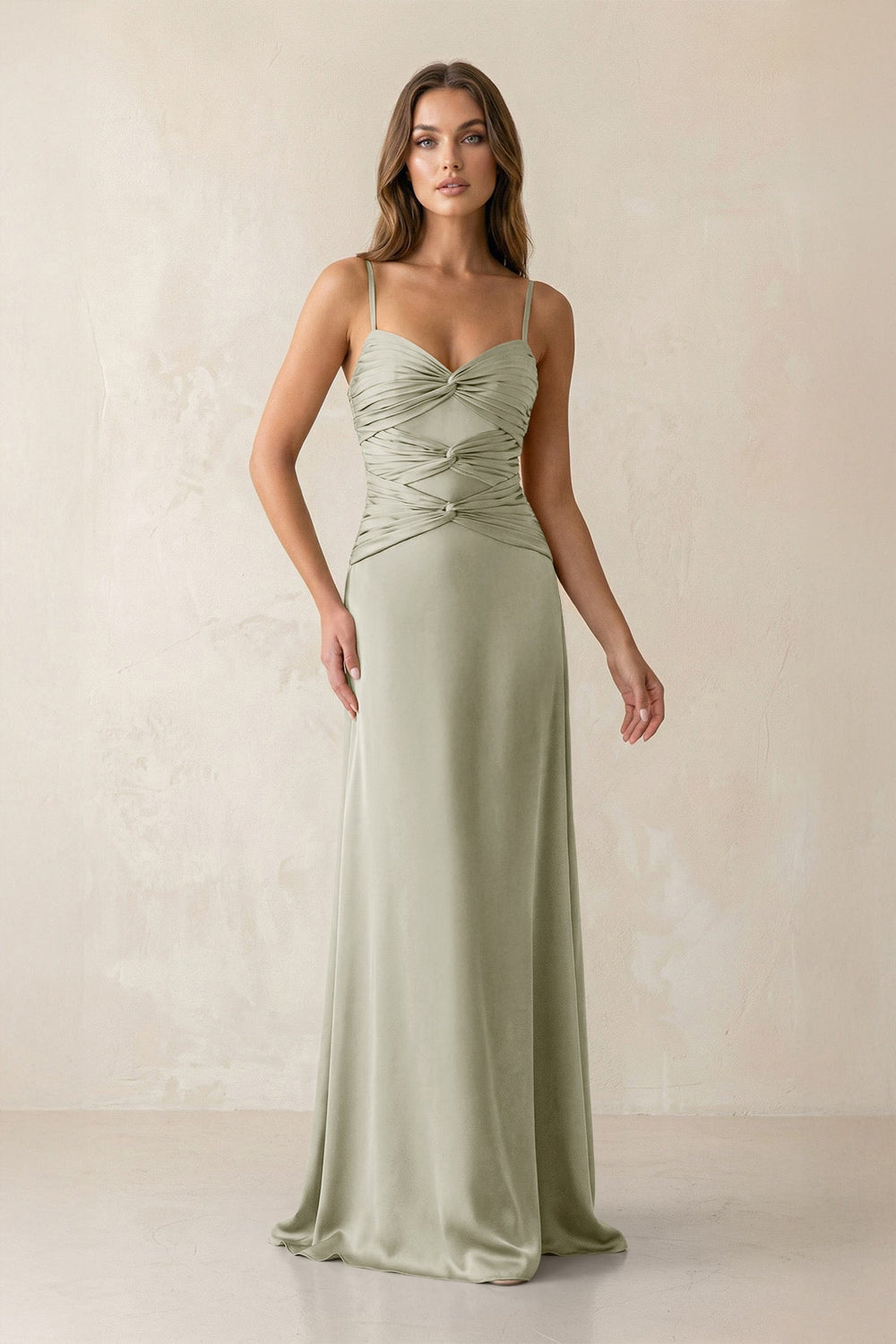 Cami Strap Pleated Sheath Satin Bridesmaid Dress in Frost