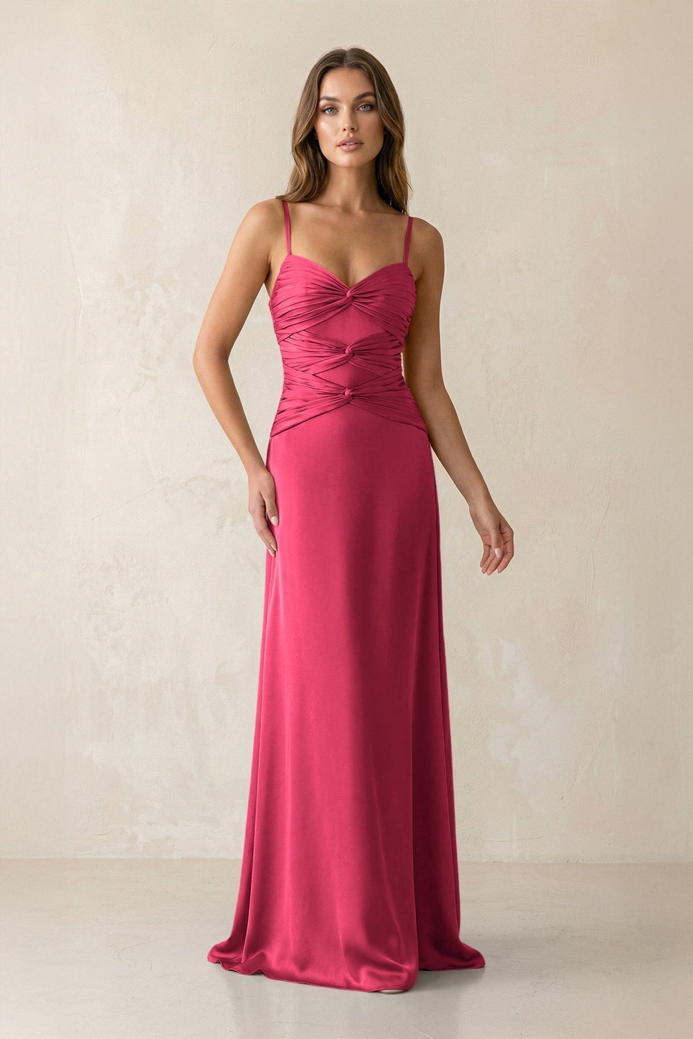 Cami Strap Pleated Sheath Satin Bridesmaid Dress in Fuchsia