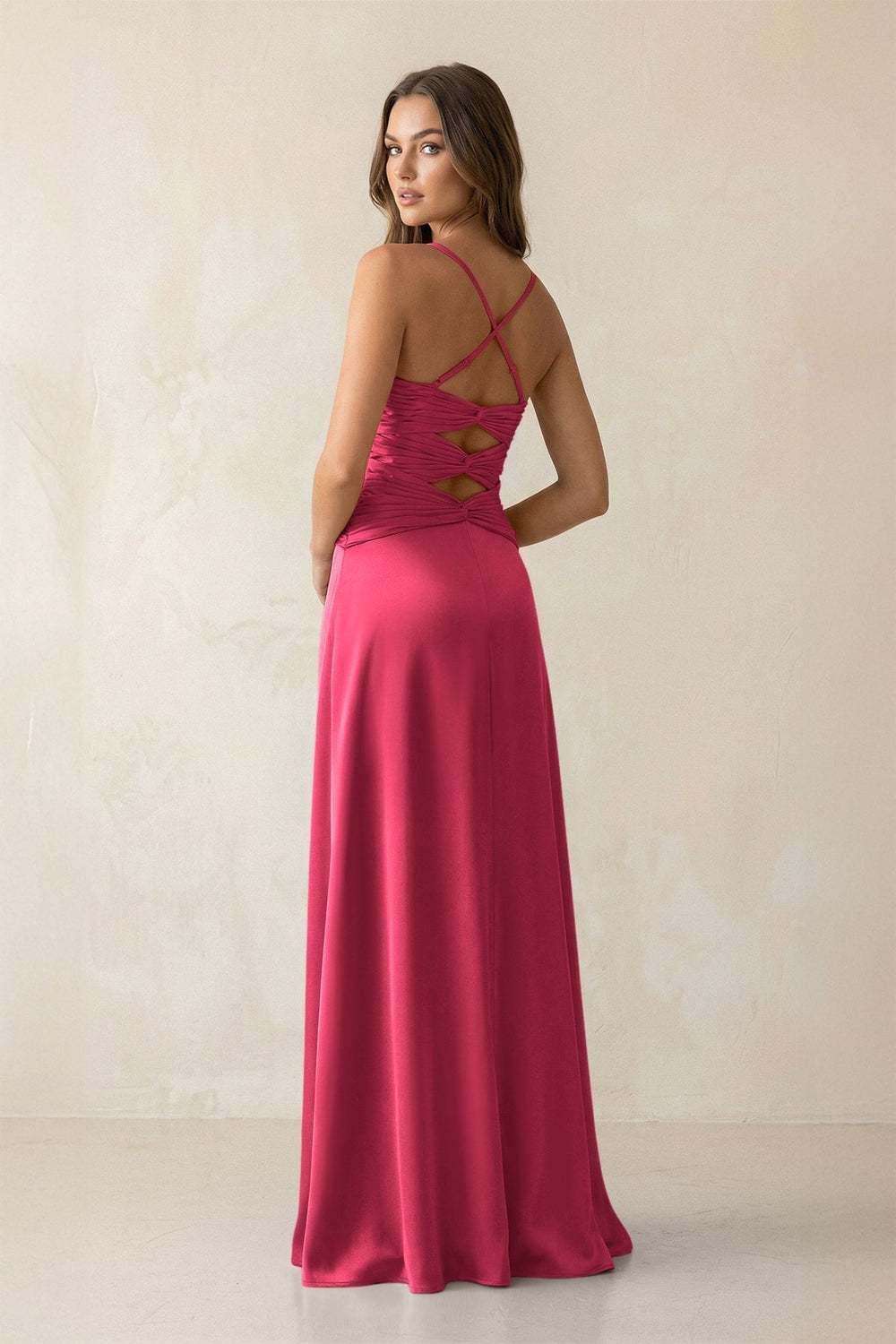 Cami Strap Pleated Sheath Satin Bridesmaid Dress in Fuchsia