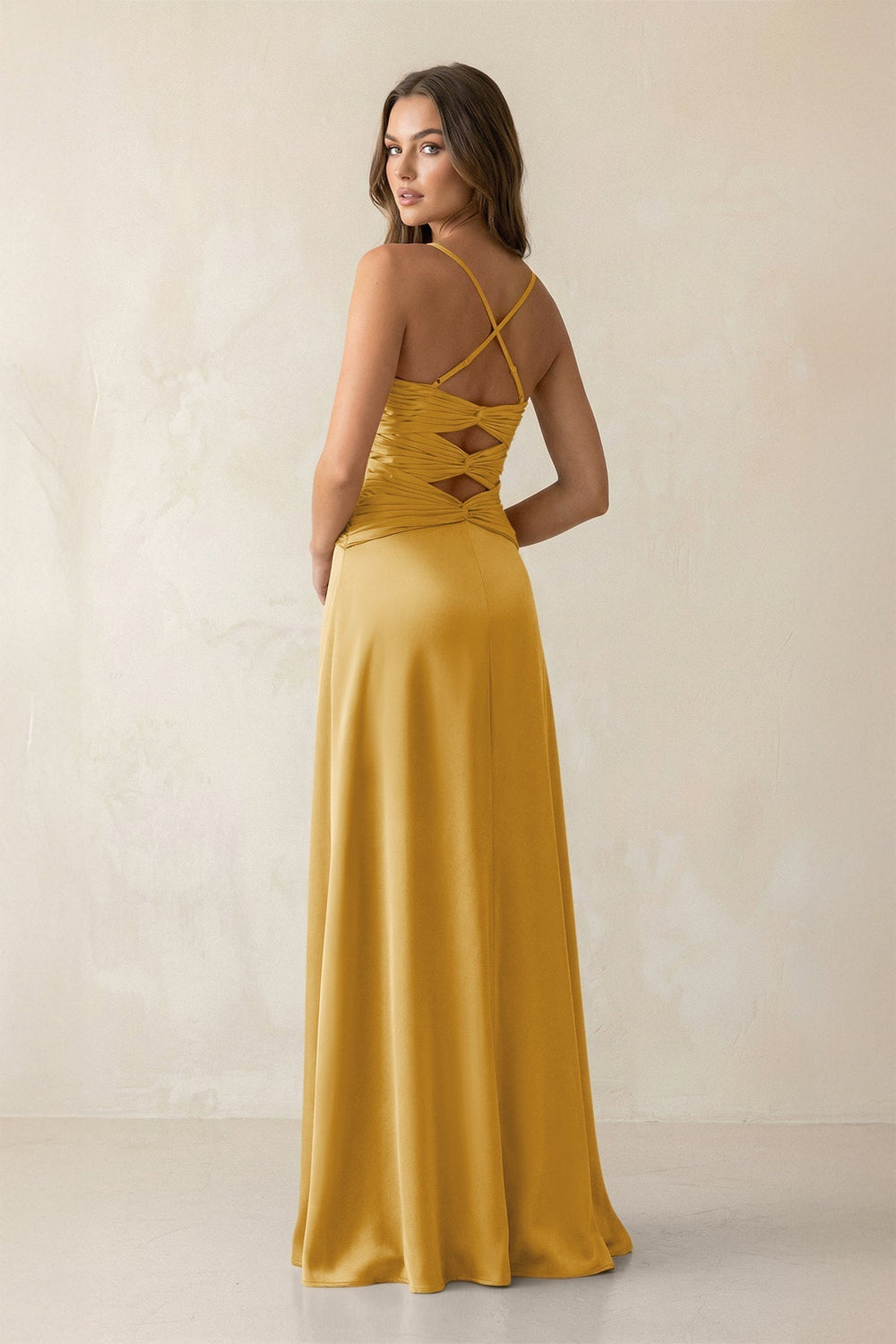 Cami Strap Pleated Sheath Satin Bridesmaid Dress in Gold