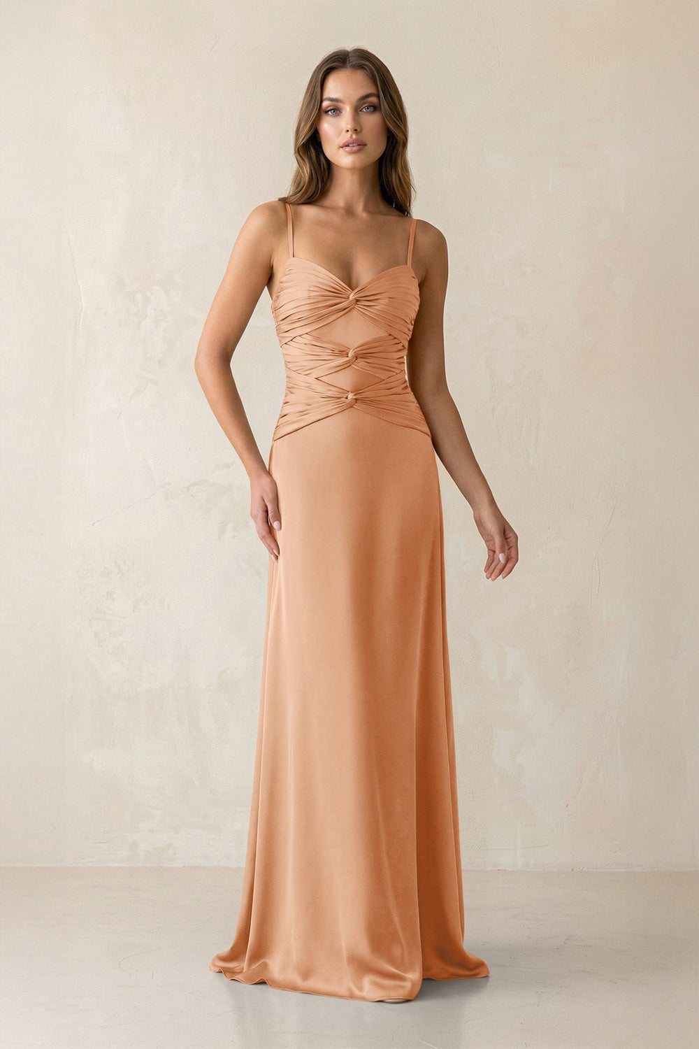 Cami Strap Pleated Sheath Satin Bridesmaid Dress in Golden Champagne