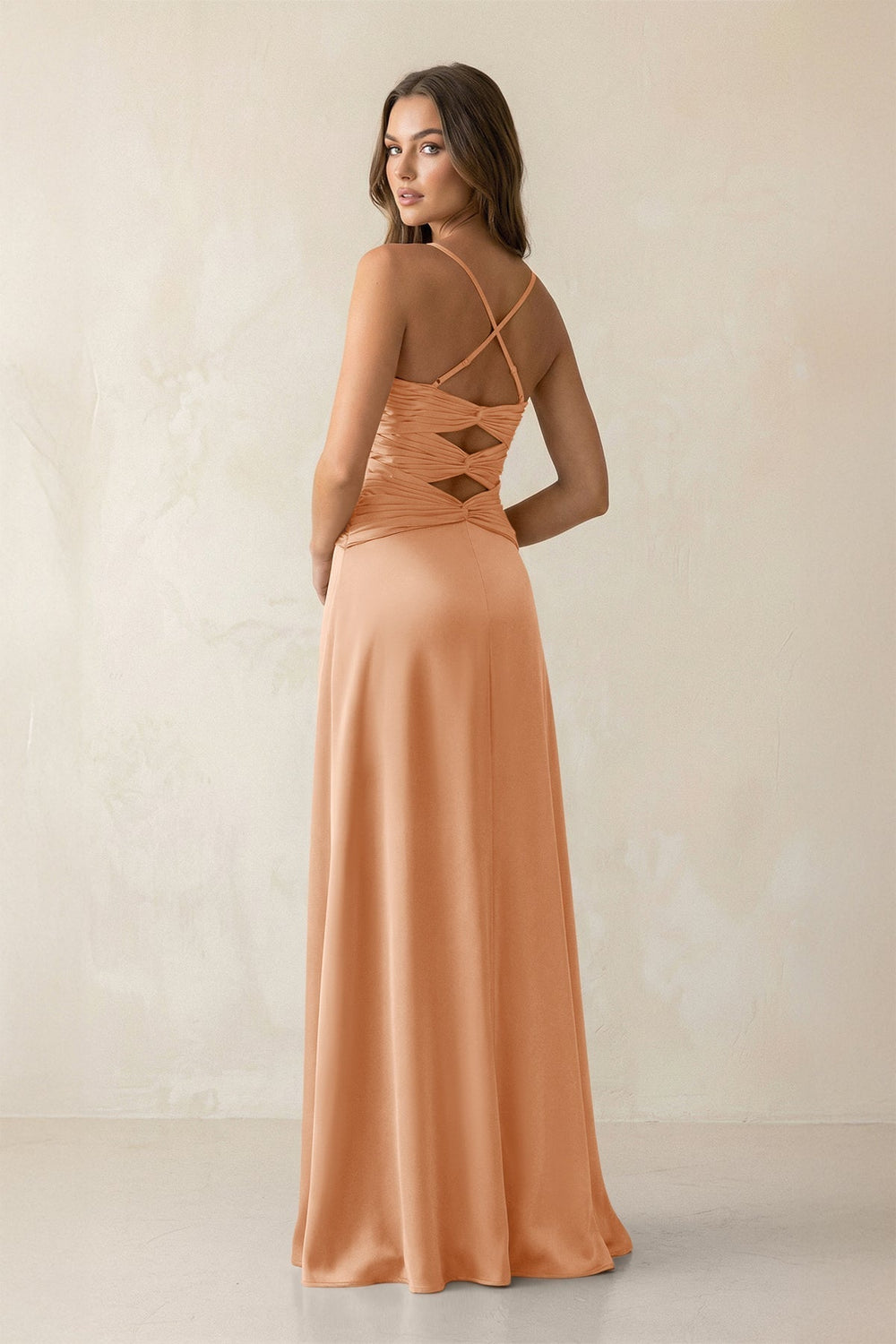 Cami Strap Pleated Sheath Satin Bridesmaid Dress in Golden Champagne