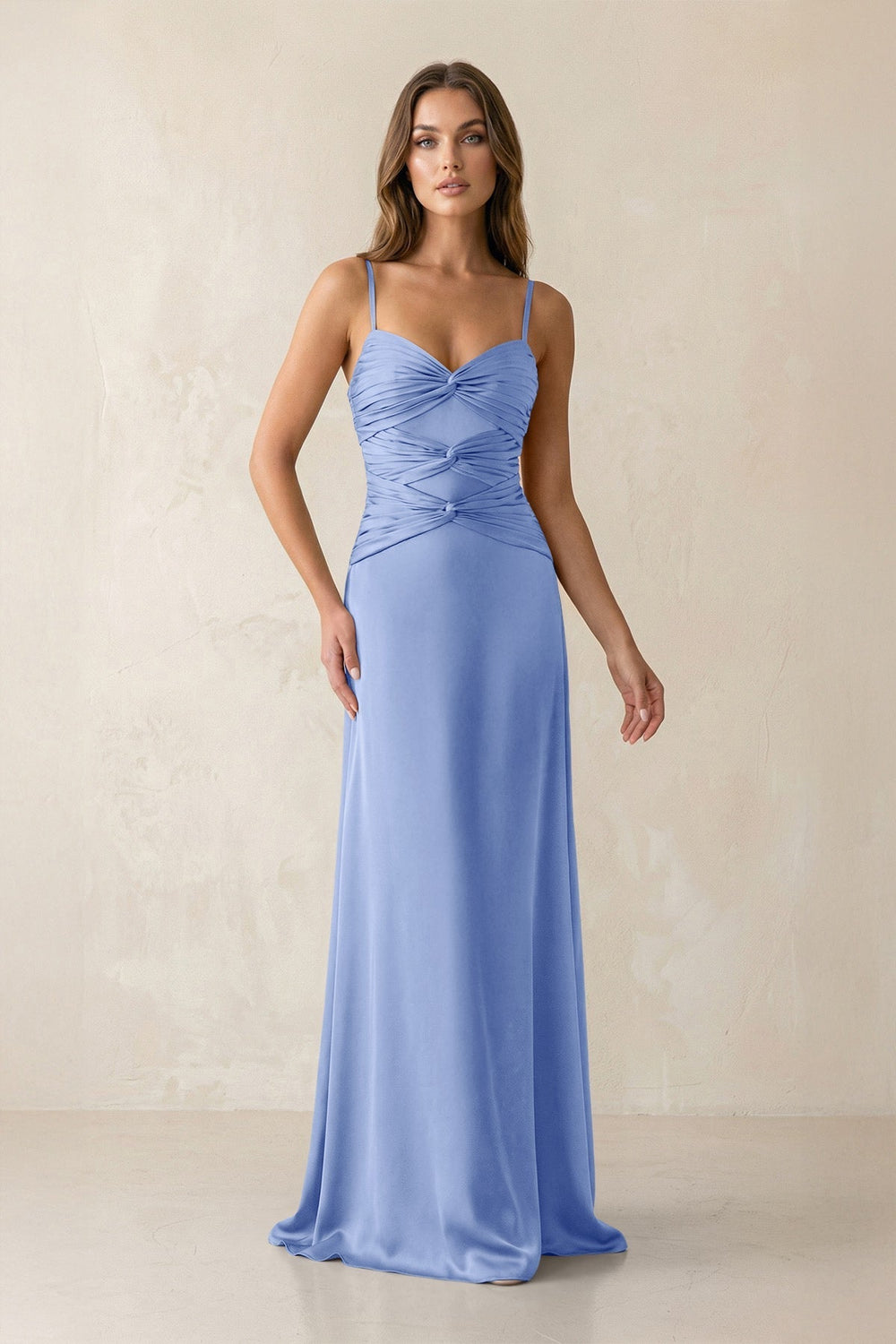 Cami Strap Pleated Sheath Satin Bridesmaid Dress in Ice