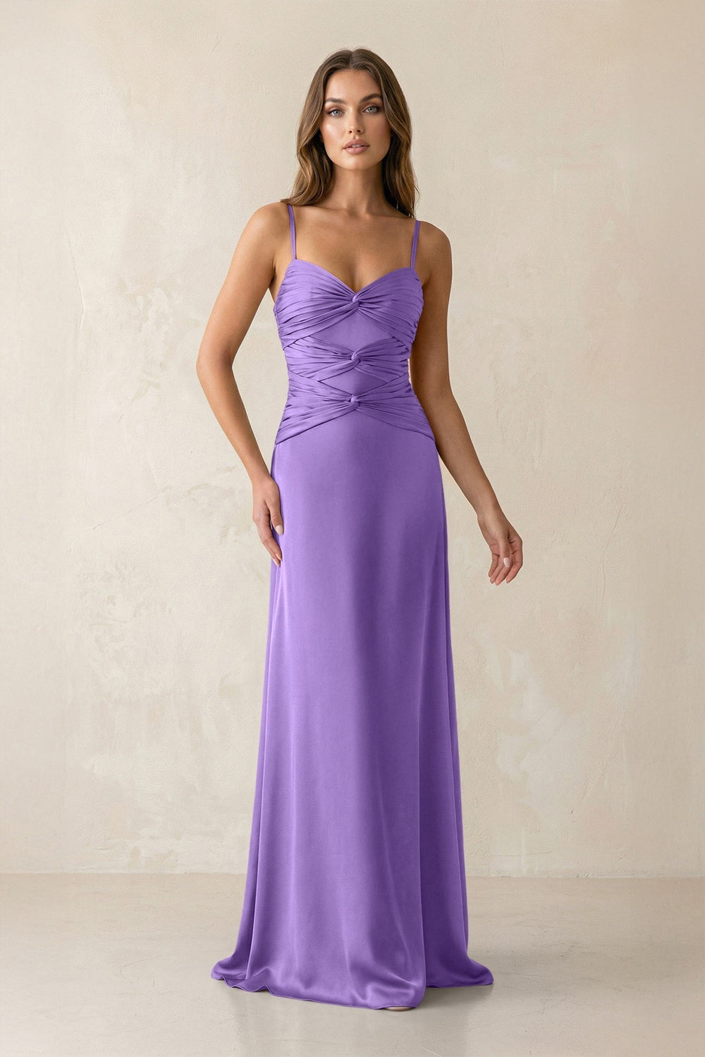 Cami Strap Pleated Sheath Satin Bridesmaid Dress in Lilac