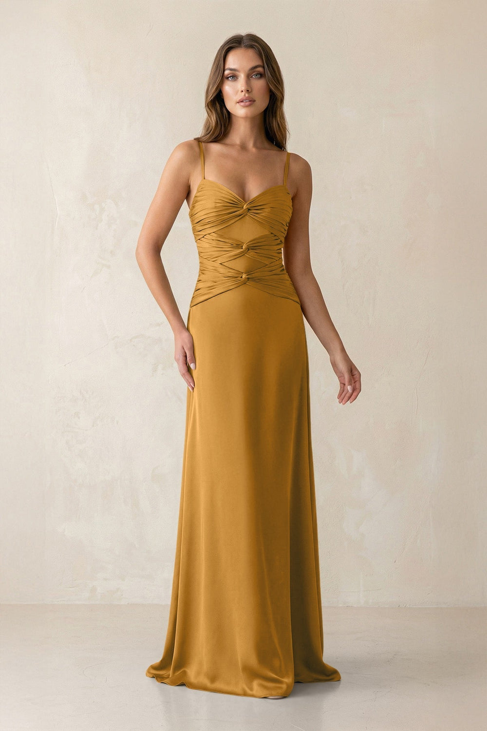 Cami Strap Pleated Sheath Satin Bridesmaid Dress in Marigold