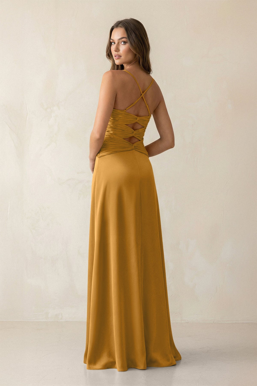 Cami Strap Pleated Sheath Satin Bridesmaid Dress in Marigold