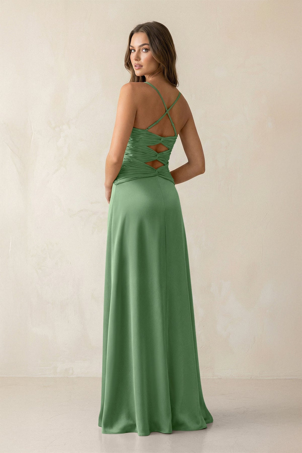 Cami Strap Pleated Sheath Satin Bridesmaid Dress in Matcha