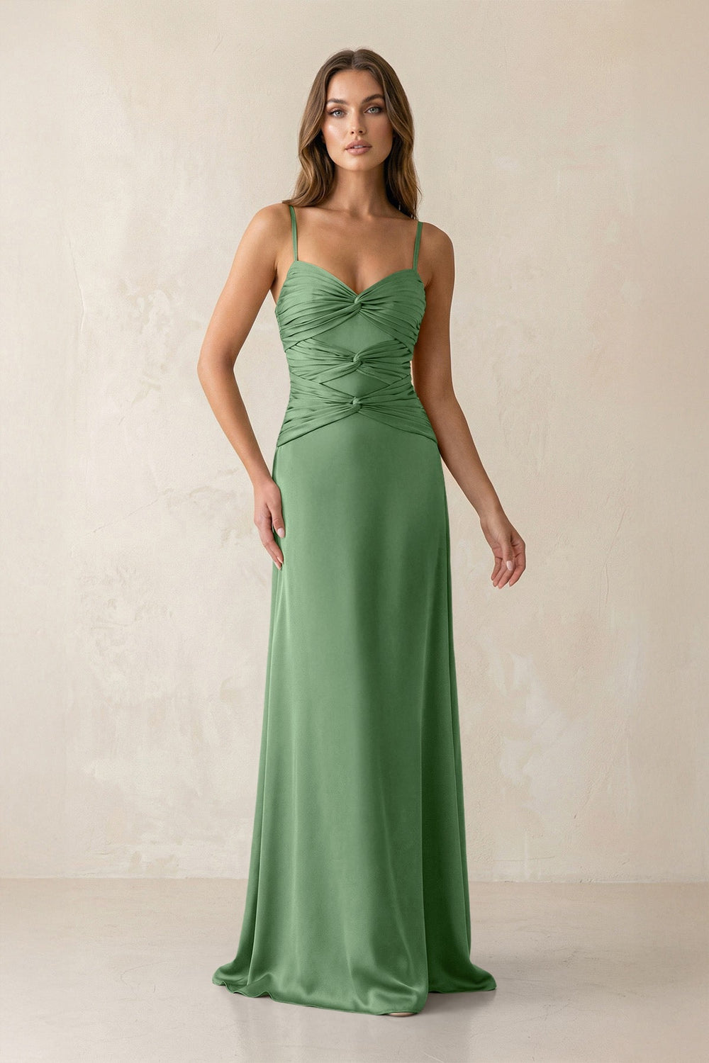Cami Strap Pleated Sheath Satin Bridesmaid Dress in Matcha