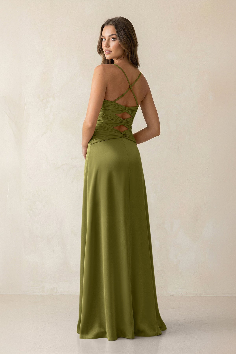 Cami Strap Pleated Sheath Satin Bridesmaid Dress in Moss Green