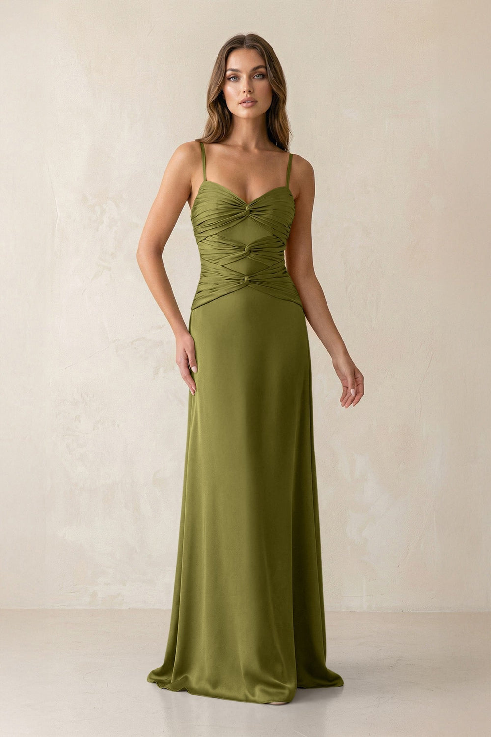 Cami Strap Pleated Sheath Satin Bridesmaid Dress in Moss Green