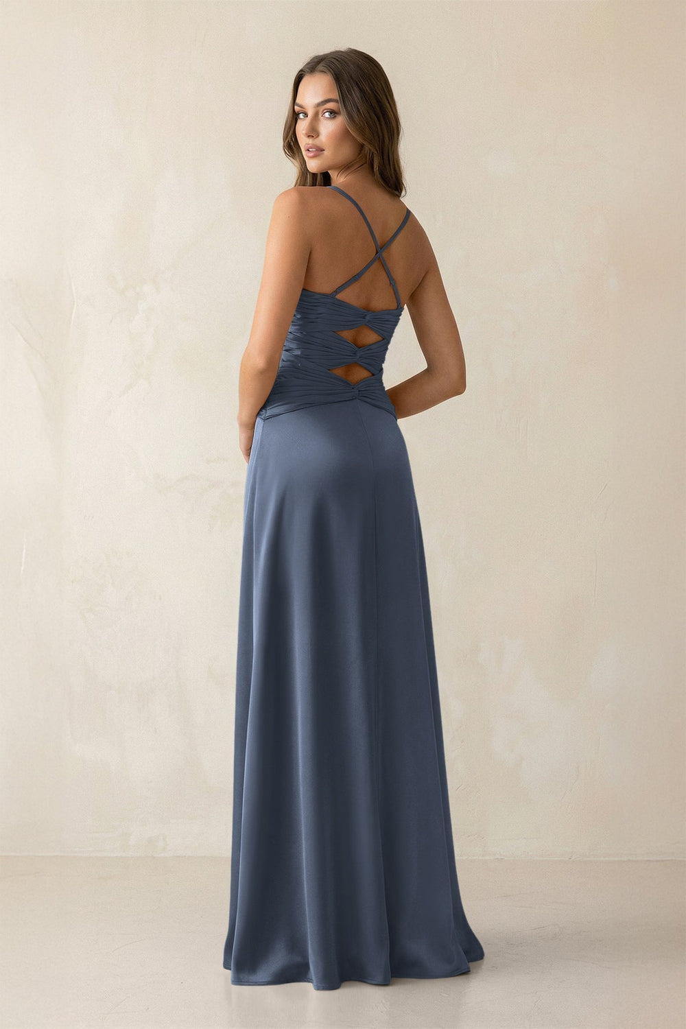 Cami Strap Pleated Sheath Satin Bridesmaid Dress in Neptune