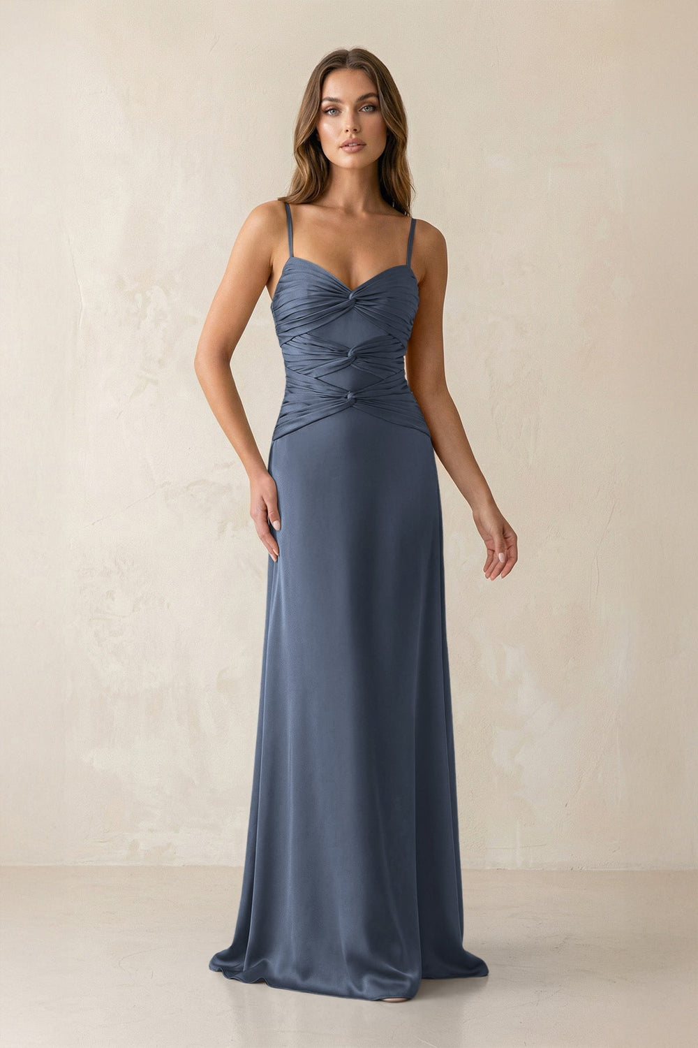 Cami Strap Pleated Sheath Satin Bridesmaid Dress in Neptune