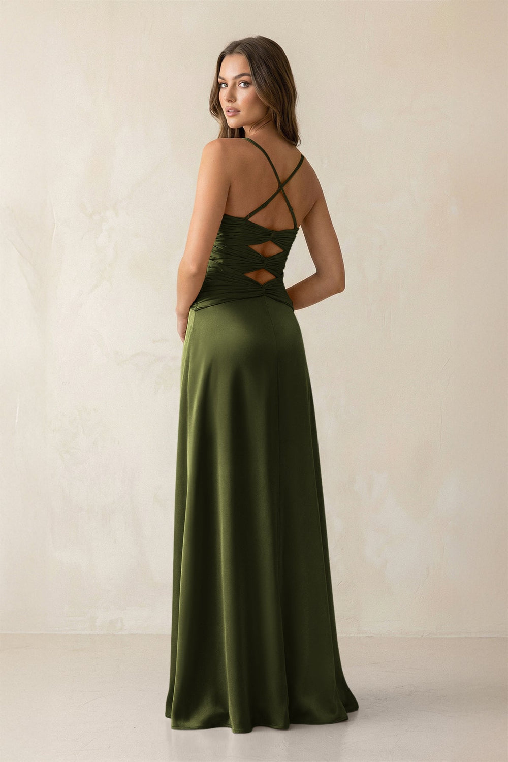 Cami Strap Pleated Sheath Satin Bridesmaid Dress in Olive
