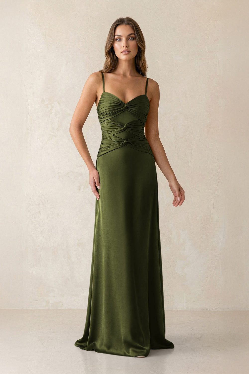 Cami Strap Pleated Sheath Satin Bridesmaid Dress in Olive