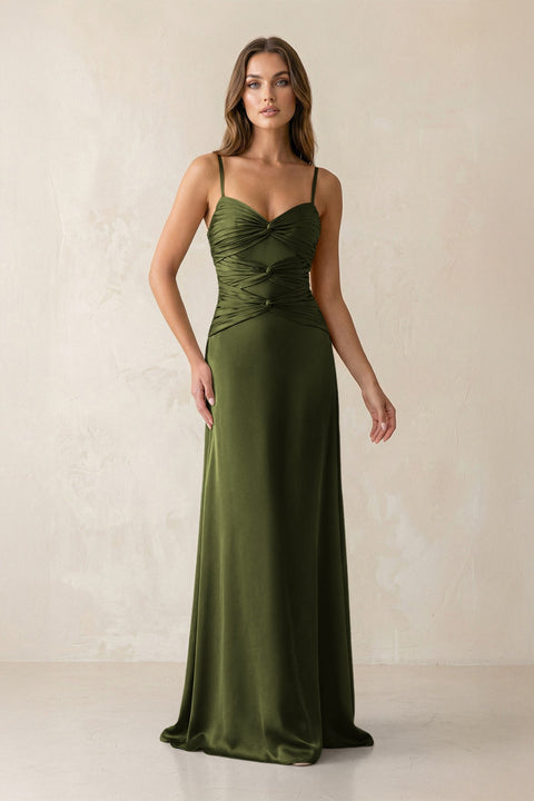 Cami Strap Pleated Sheath Satin Bridesmaid Dress in Olive - KISS BRIDAL Bridesmaid Dresses