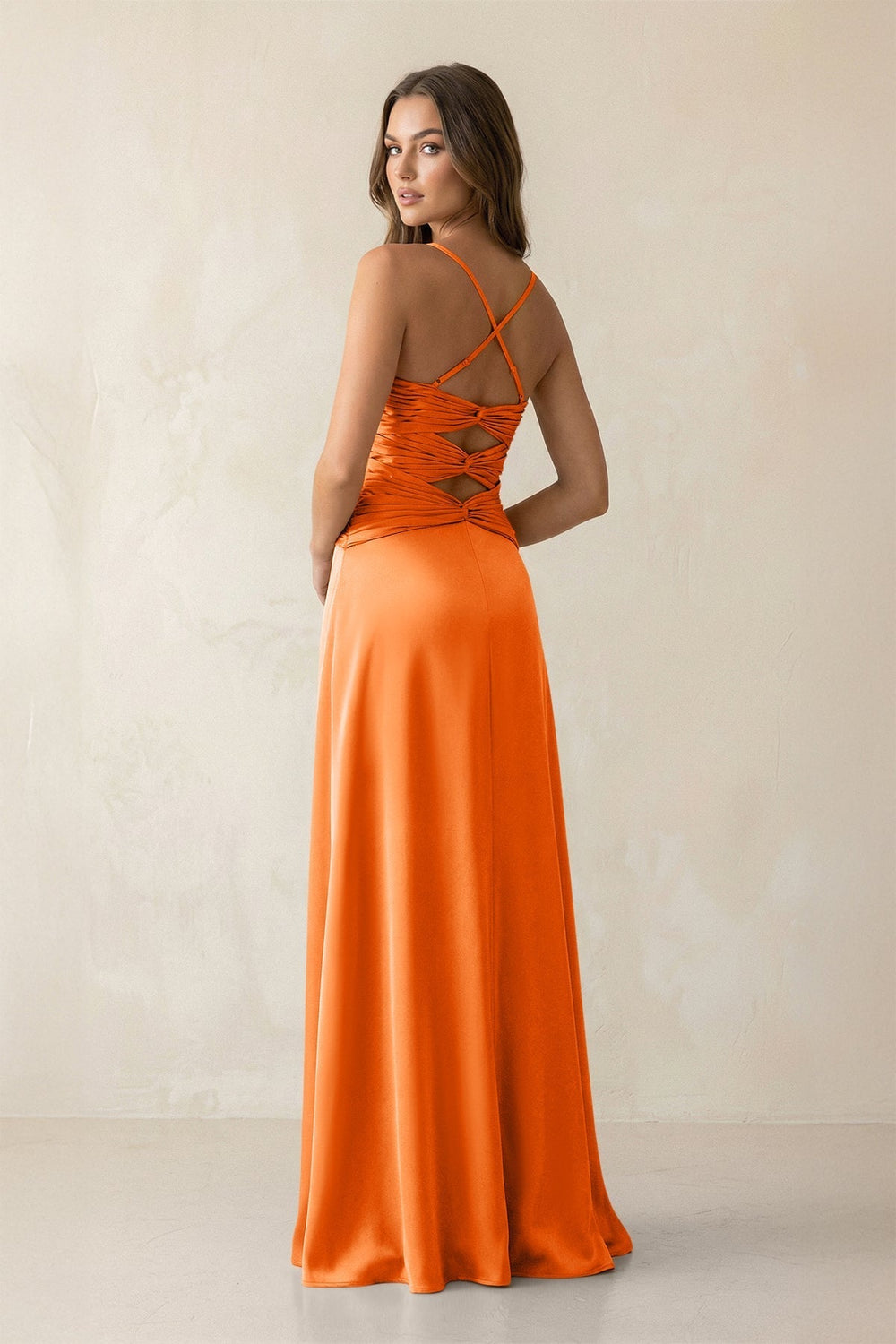 Cami Strap Pleated Sheath Satin Bridesmaid Dress in Orange