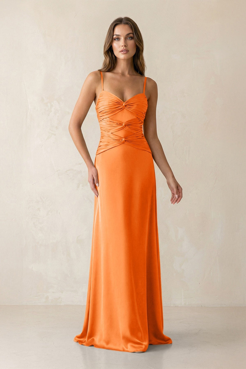 Cami Strap Pleated Sheath Satin Bridesmaid Dress in Orange
