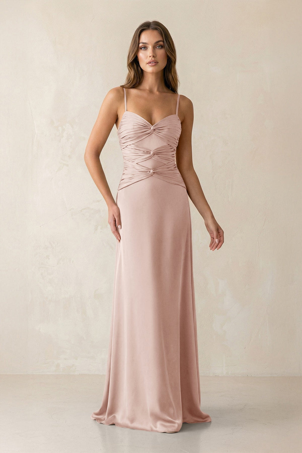 Cami Strap Pleated Sheath Satin Bridesmaid Dress in Pale Blush