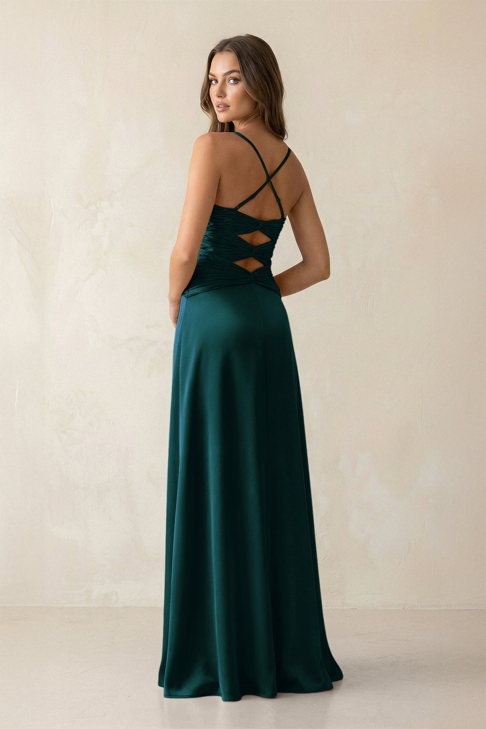 Cami Strap Pleated Sheath Satin Bridesmaid Dress in Pine