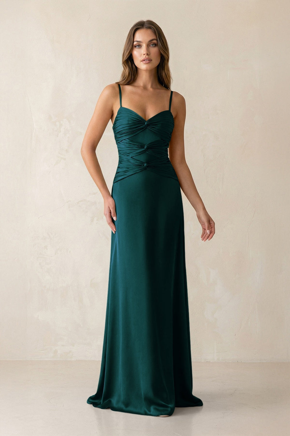 Cami Strap Pleated Sheath Satin Bridesmaid Dress in Pine