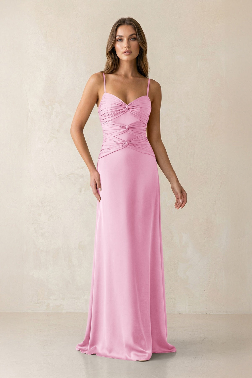 Cami Strap Pleated Sheath Satin Bridesmaid Dress in Pink