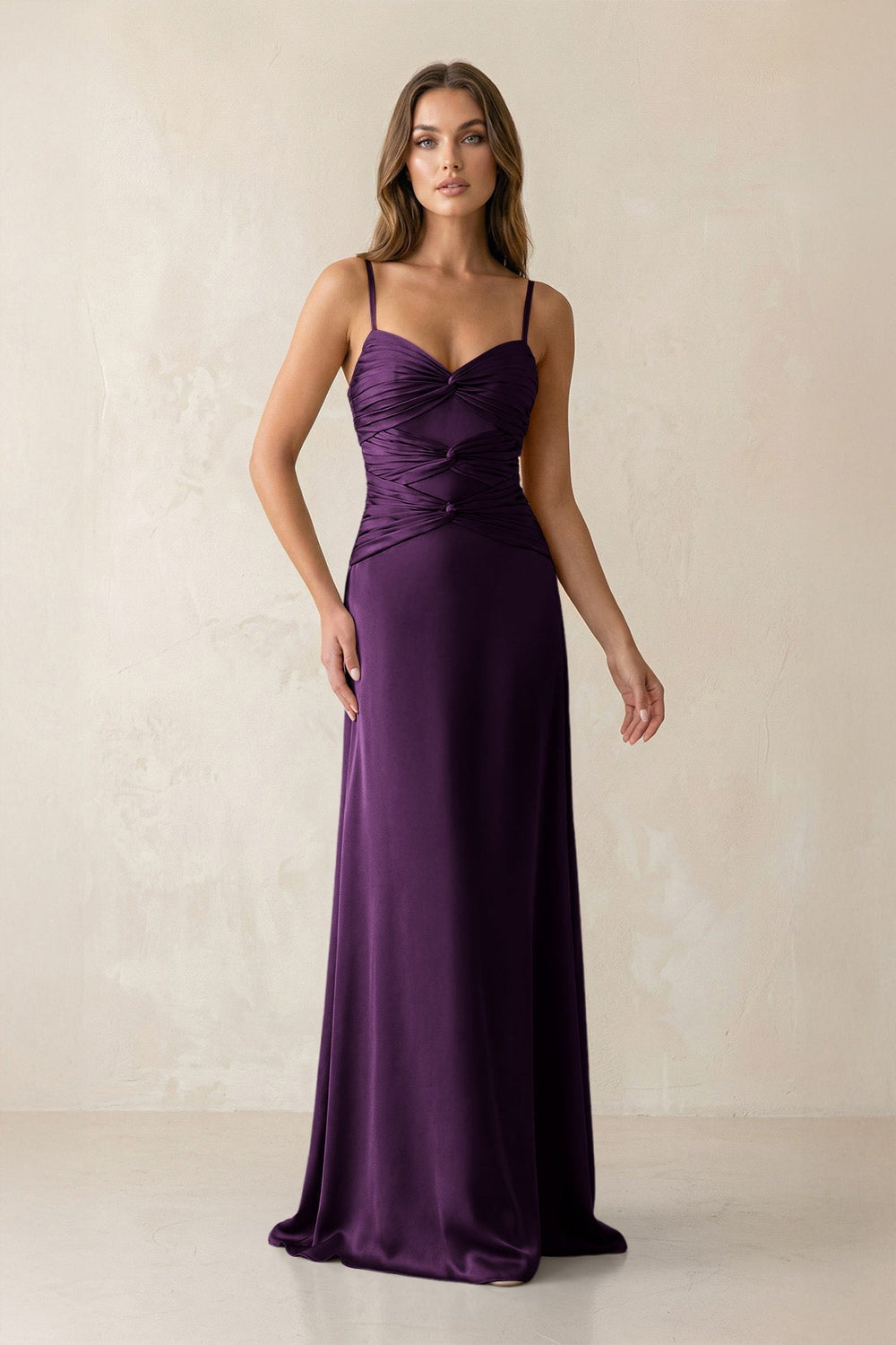 Cami Strap Pleated Sheath Satin Bridesmaid Dress in Plum