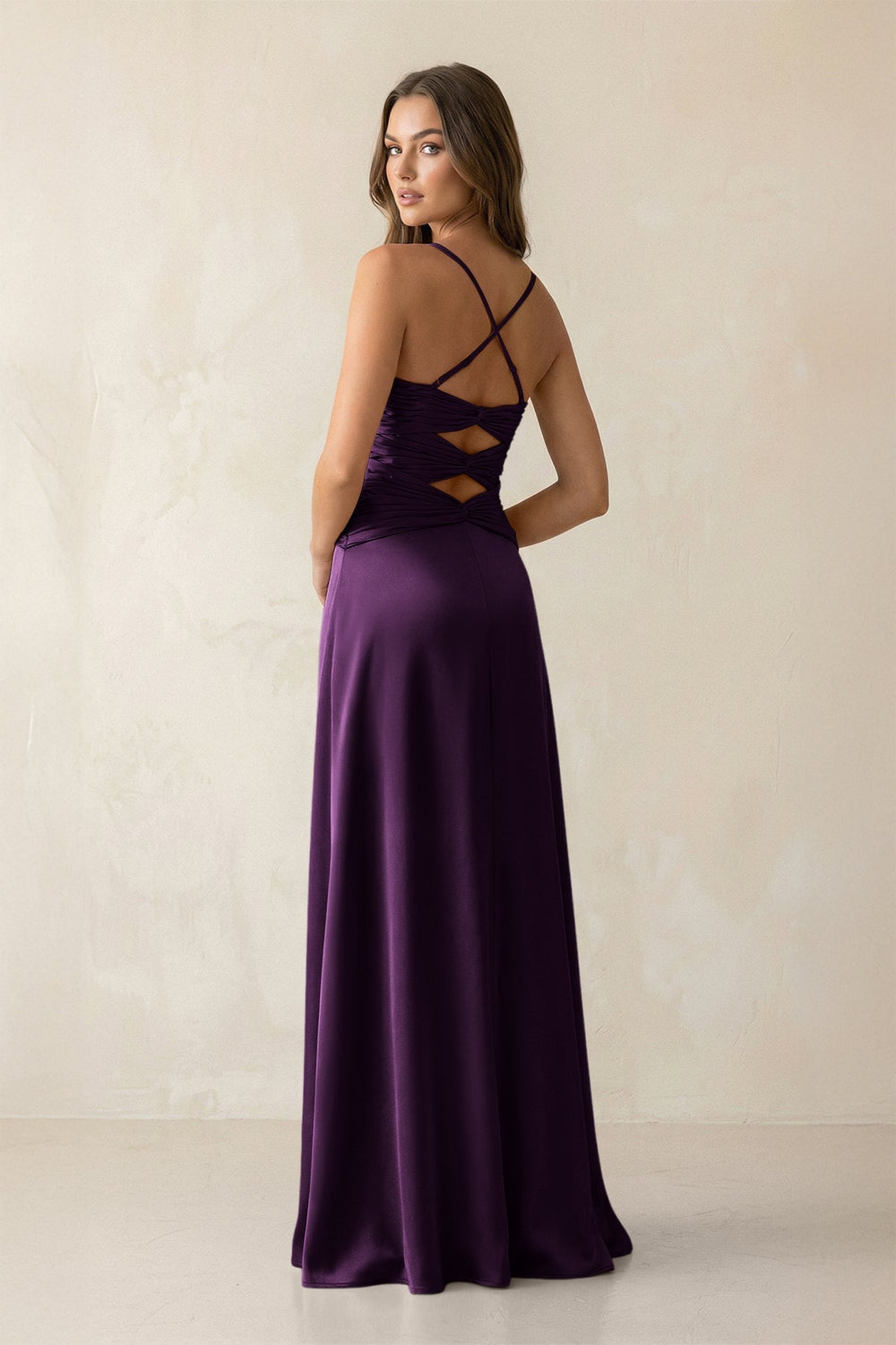 Cami Strap Pleated Sheath Satin Bridesmaid Dress in Plum