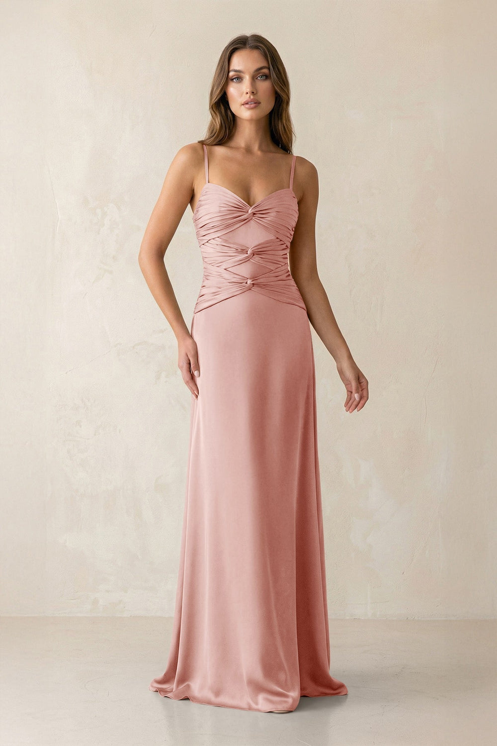 Cami Strap Pleated Sheath Satin Bridesmaid Dress in Rose Petal